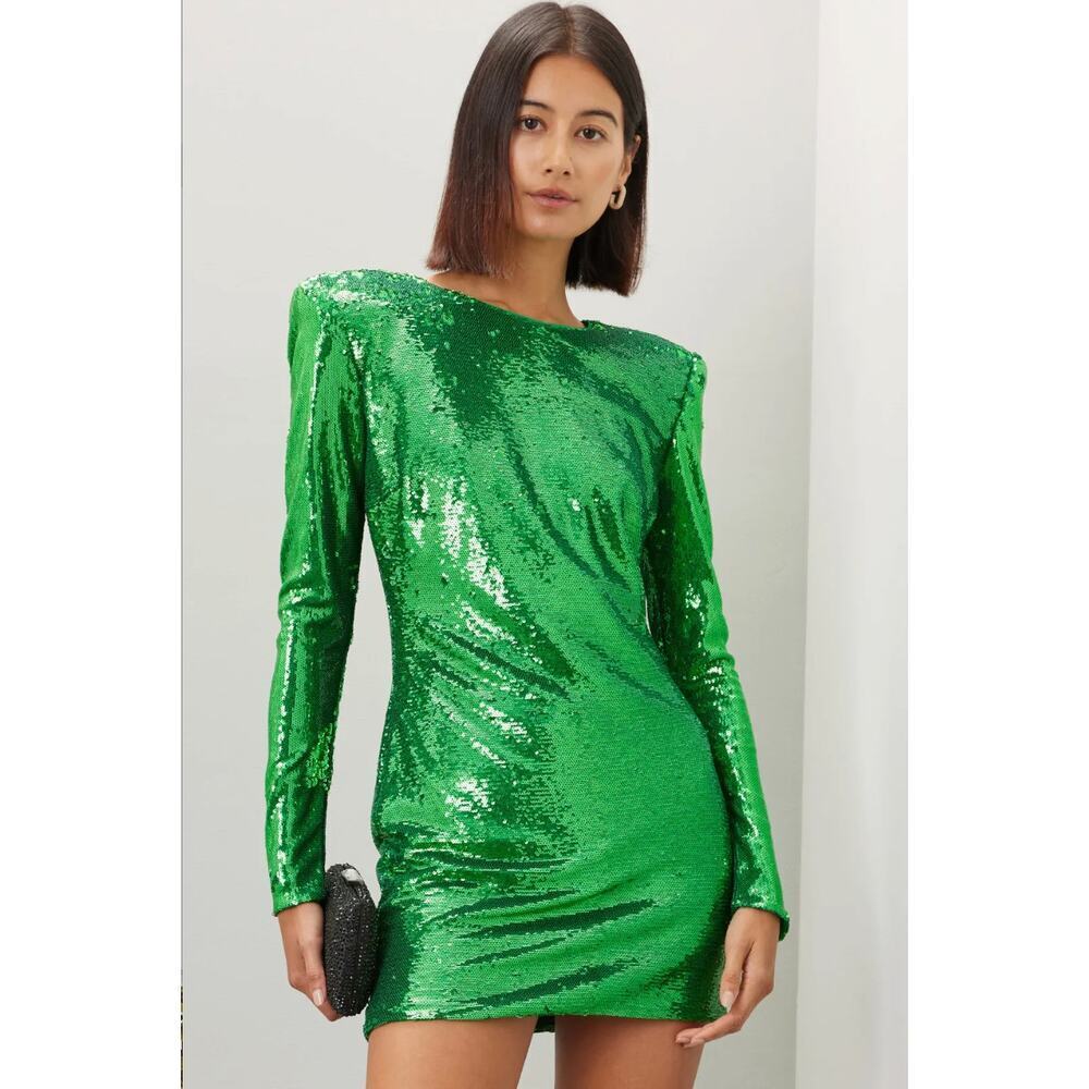 Bardot sequin-embellished padded-shoulder mini dress in Green Size XS